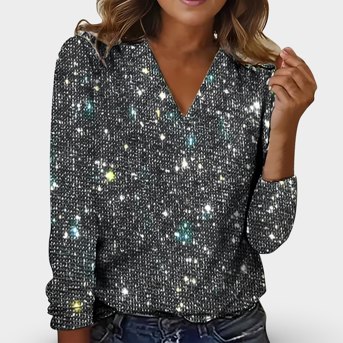 Damesblouse V-Hals Lange Mouwen Glinsterende Details Polyesterblend - Tijd voor Stijl