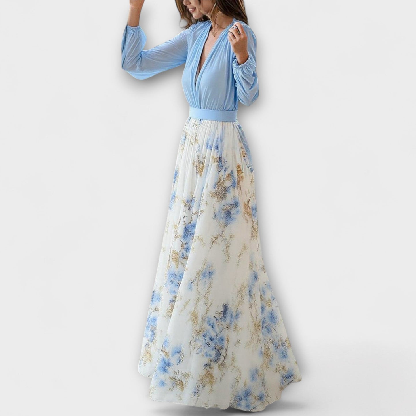 Dames - Maxijurk met Bloemenprint - Transparante Mouwen en V-Hals - Polyester