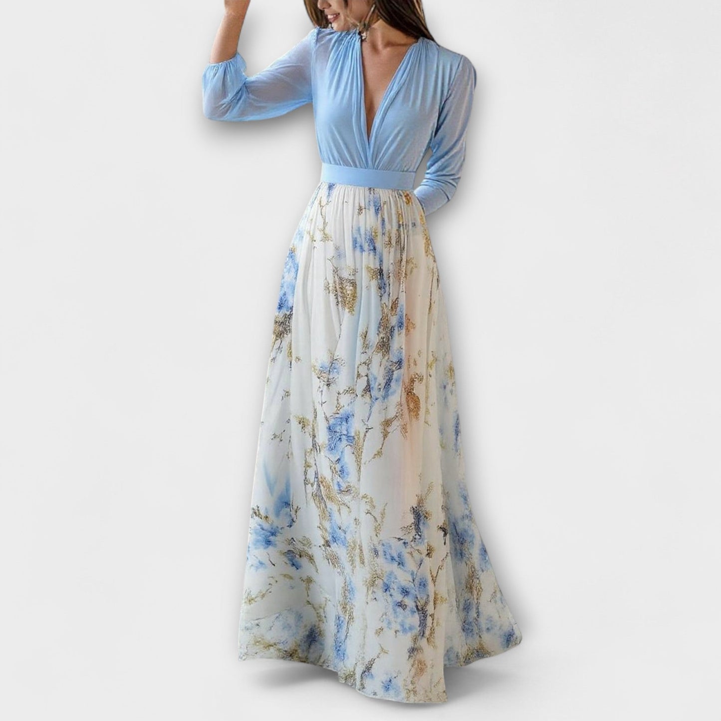 Dames - Maxijurk met Bloemenprint - Transparante Mouwen en V-Hals - Polyester
