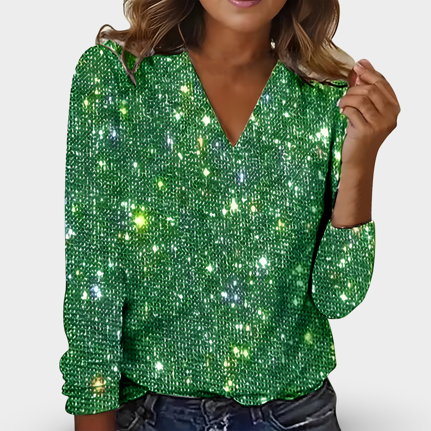 Damesblouse V-Hals Lange Mouwen Glinsterende Details Polyesterblend - Tijd voor Stijl