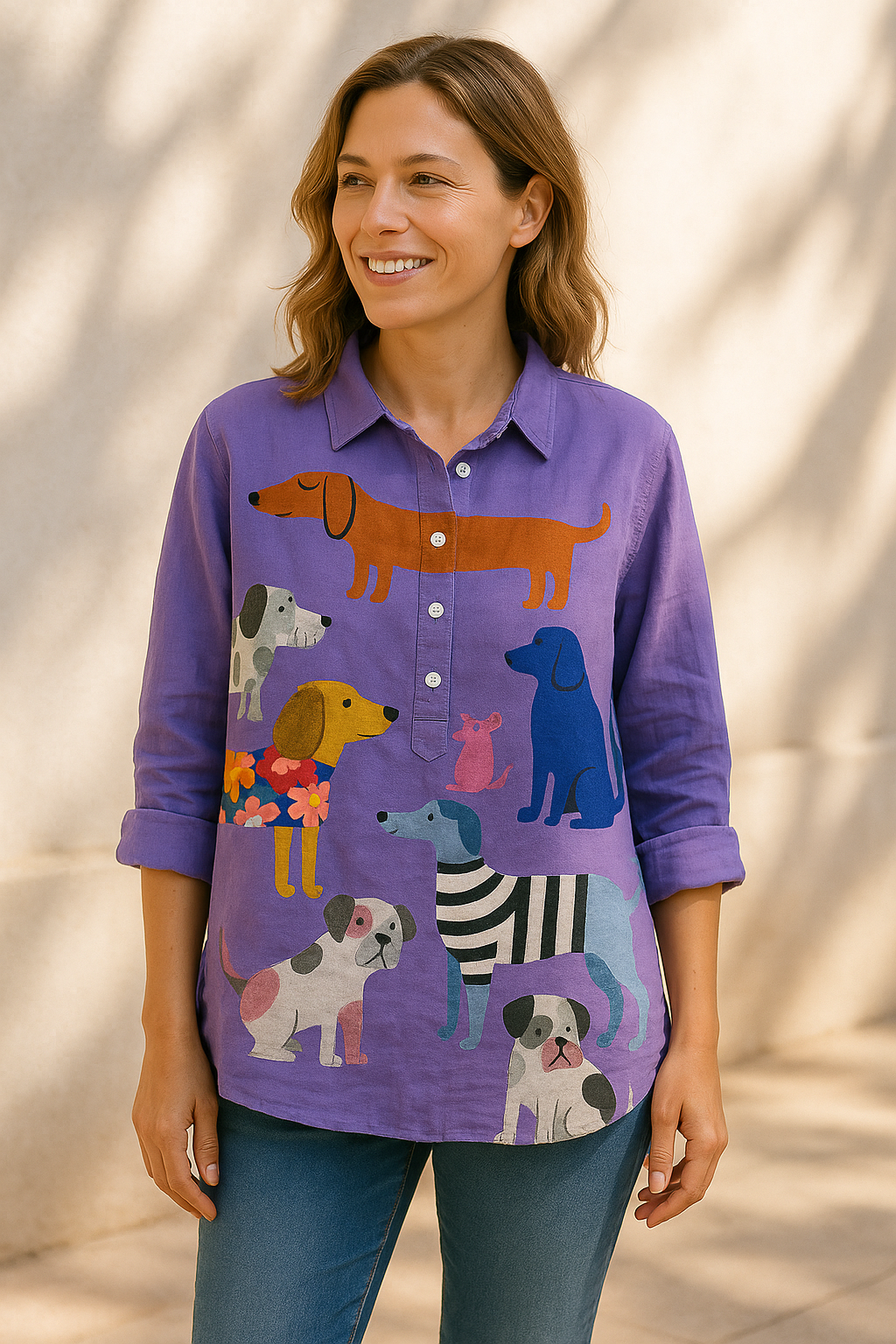 Dames - Blouse Dames Losvallend - Hondenprint Design - Katoenmix - Tijd voor Stijl