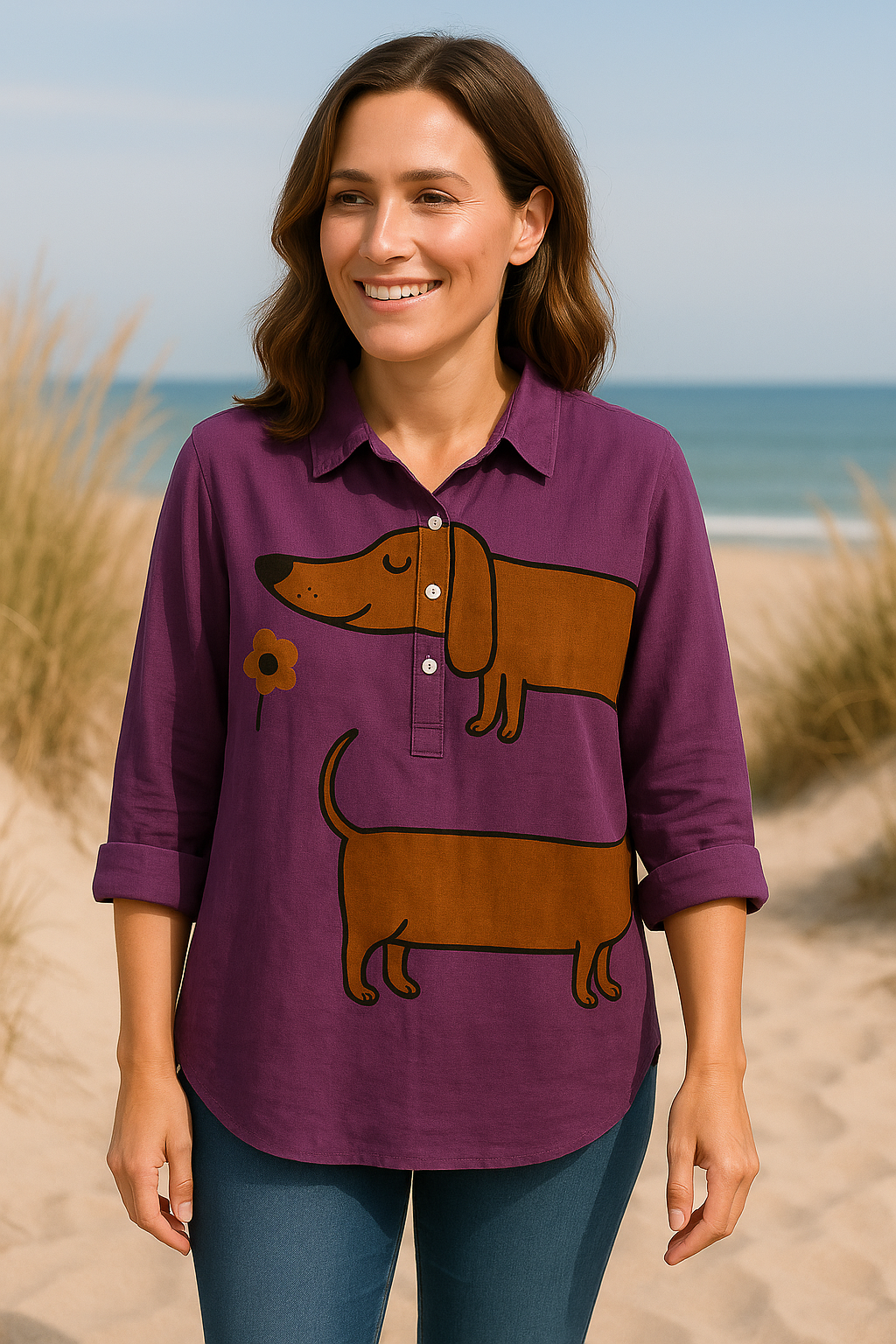 Dames - Blouse Dames Losvallend - Hondenprint Design - Katoenmix - Tijd voor Stijl