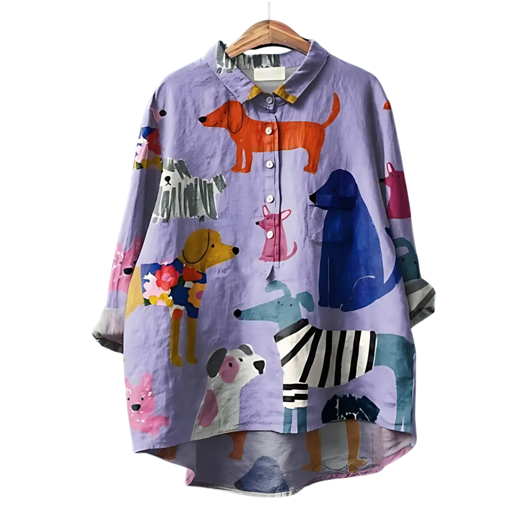 Dames - Blouse Dames Losvallend - Hondenprint Design - Katoenmix - Tijd voor Stijl