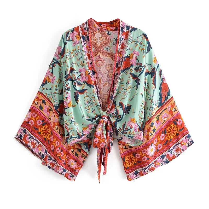 Dames - Kimono Blouse Kort - Boho Print en Wijde Mouwen - Rayon - Tijd voor Stijl