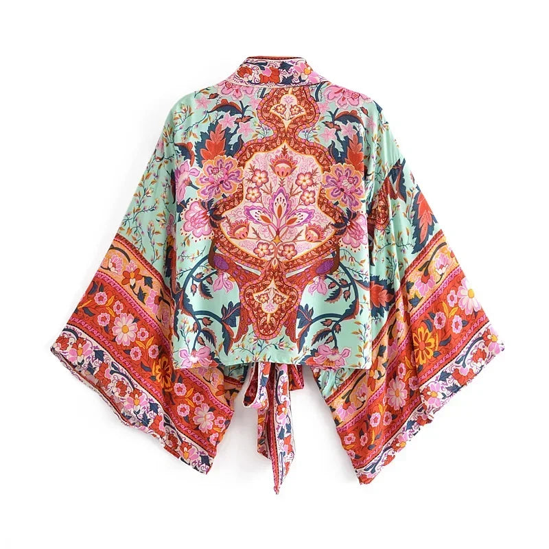 Dames - Kimono Blouse Kort - Boho Print en Wijde Mouwen - Rayon - Tijd voor Stijl