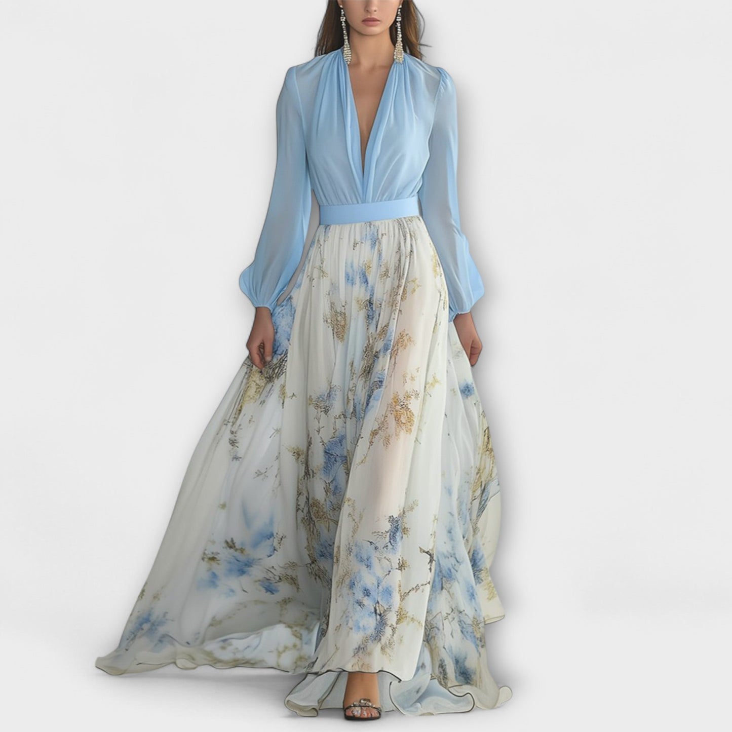 Dames - Maxijurk met Bloemenprint - Transparante Mouwen en V-Hals - Polyester