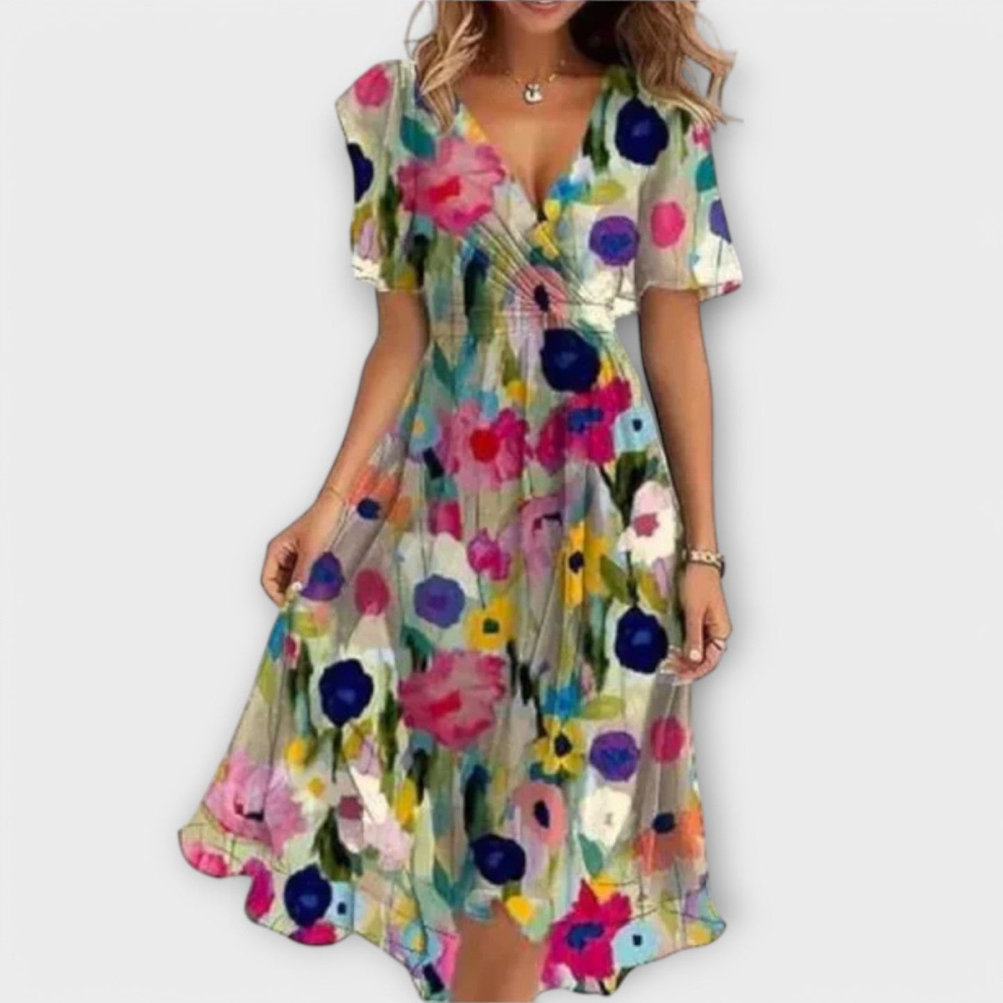 Dames - Midi Jurk met V-hals - Wikkelmodel met Bloemenprint - Chiffon