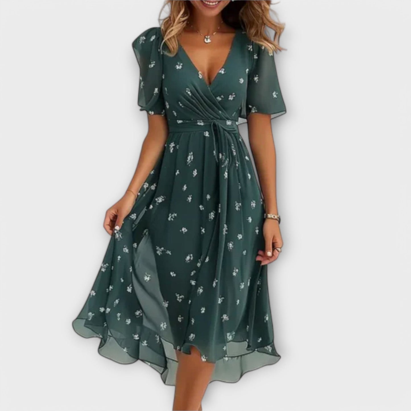 Dames - Midi Jurk met V-hals - Wikkelmodel met Bloemenprint - Chiffon