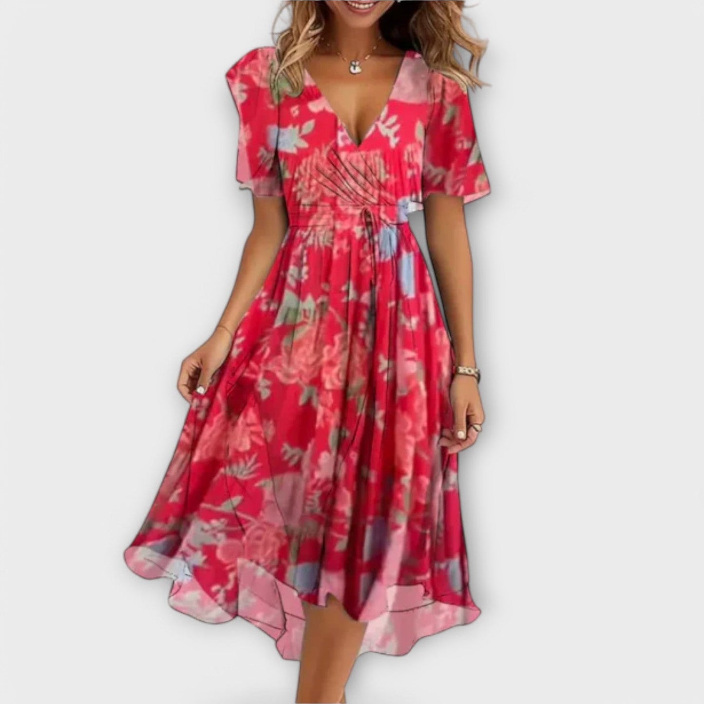 Dames - Midi Jurk met V-hals - Wikkelmodel met Bloemenprint - Chiffon