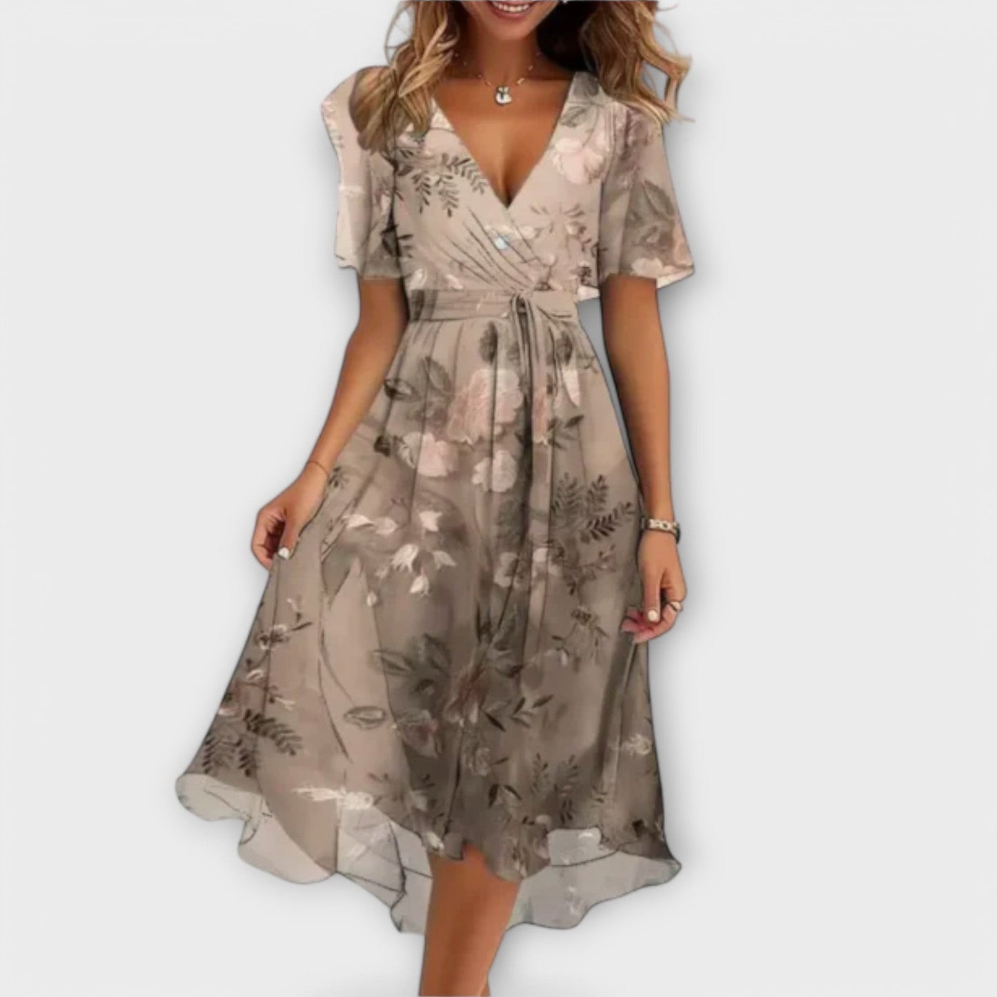 Dames - Midi Jurk met V-hals - Wikkelmodel met Bloemenprint - Chiffon