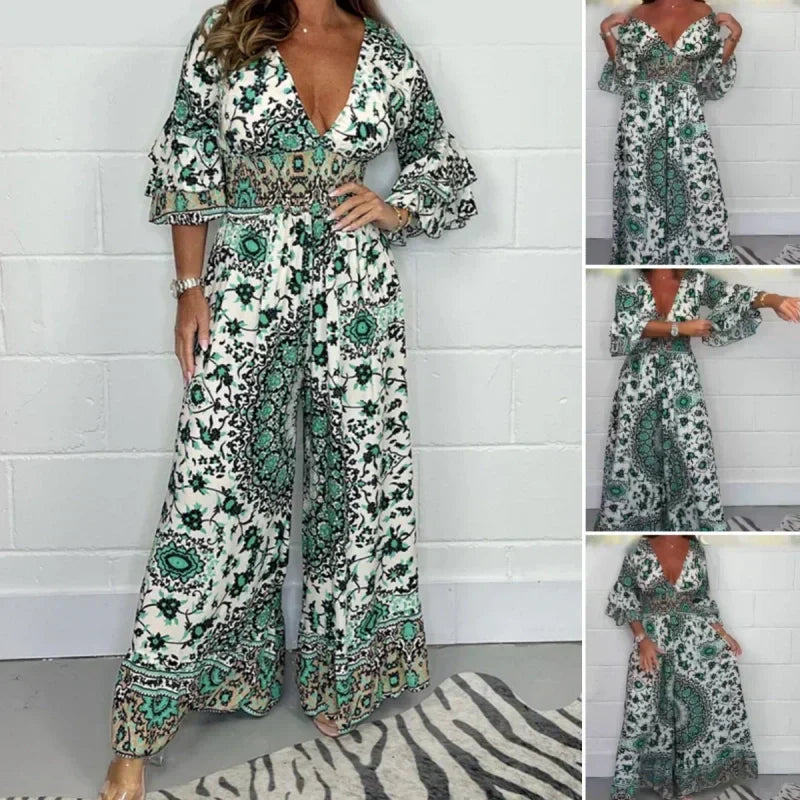 Damesjumpsuit - V-hals - Bedrukt - Polyester - Tijd voor Stijl