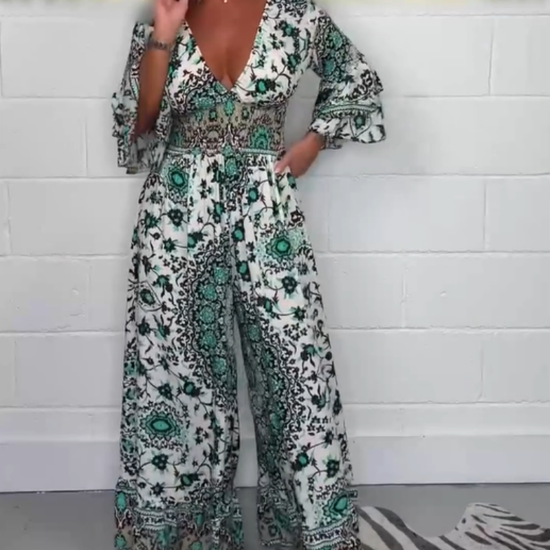 Damesjumpsuit - V-hals - Bedrukt - Polyester - Tijd voor Stijl