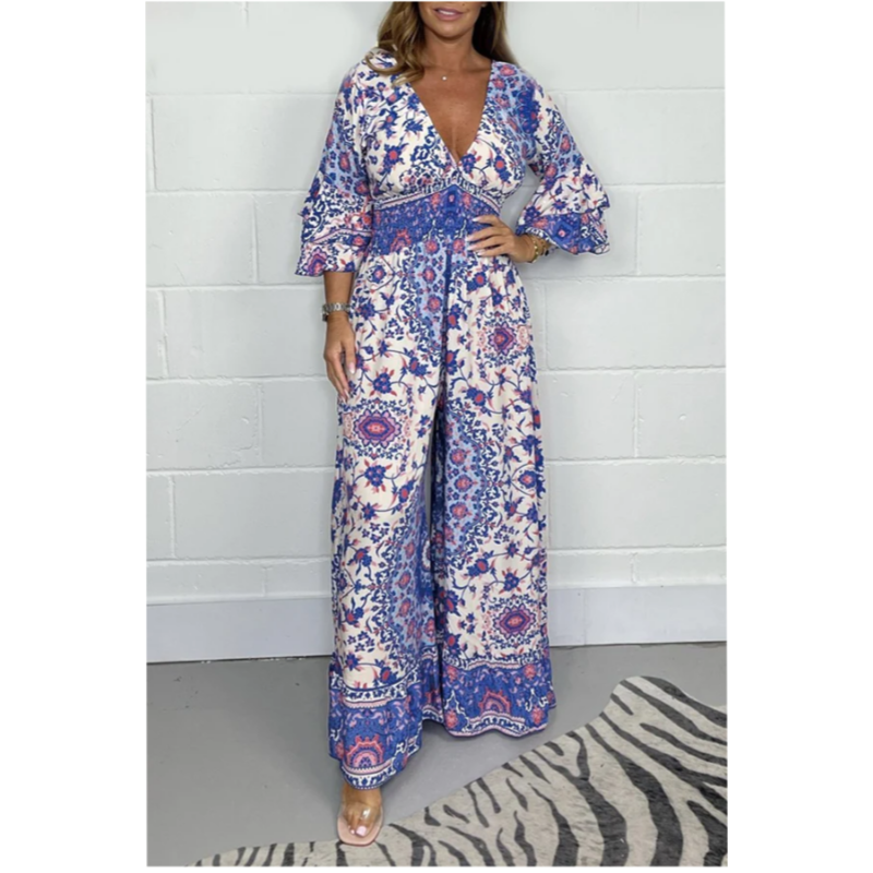 Damesjumpsuit - V-hals - Bedrukt - Polyester - Tijd voor Stijl