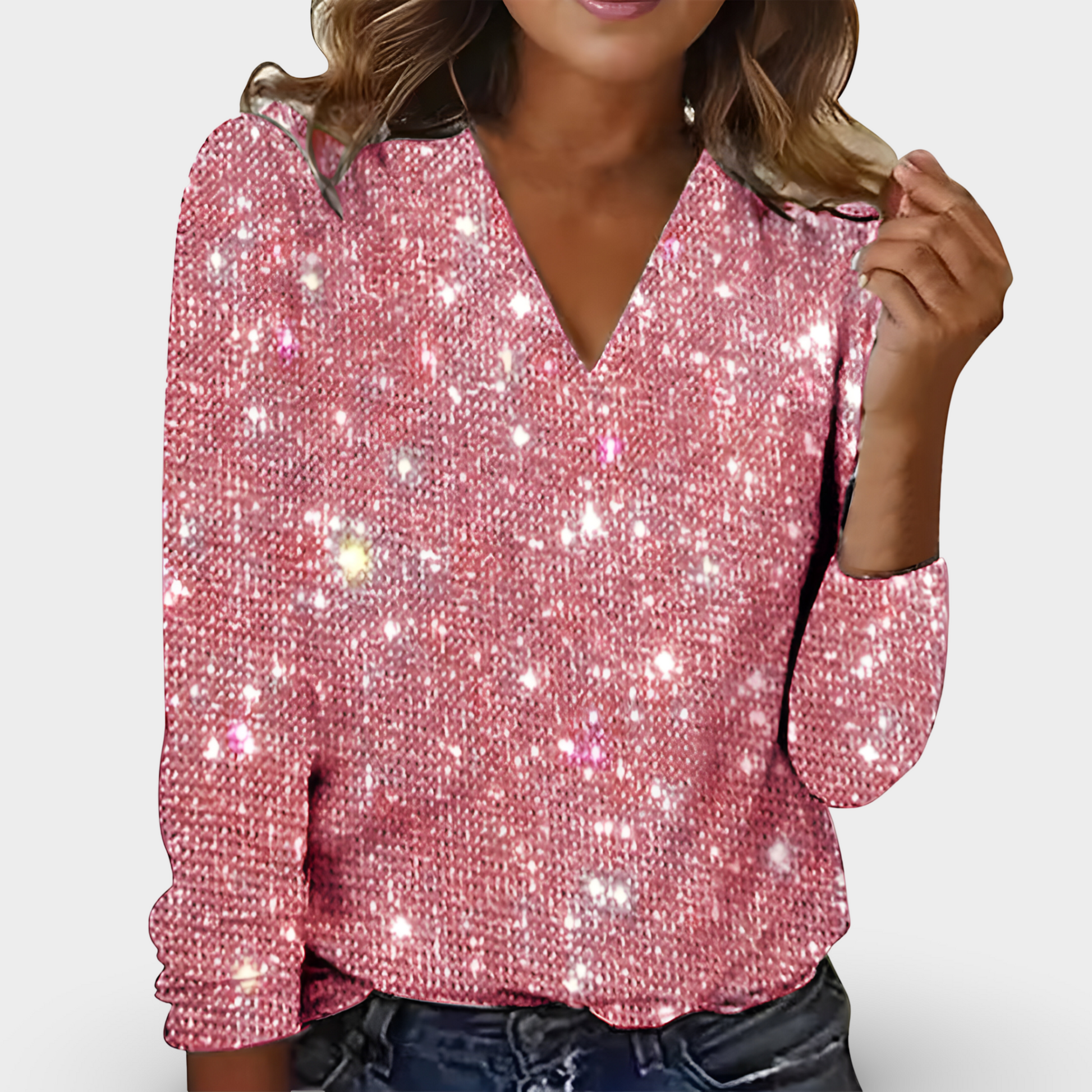 Damesblouse V-Hals Lange Mouwen Glinsterende Details Polyesterblend - Tijd voor Stijl