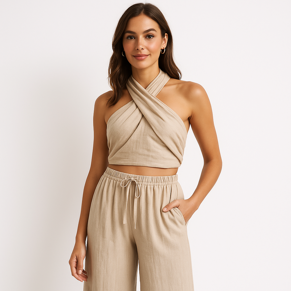 Dames - Linnen Tweedelige Set - Haltertop met Gekruiste Bandjes - Polyester en Linnen - Tijd voor Stijl