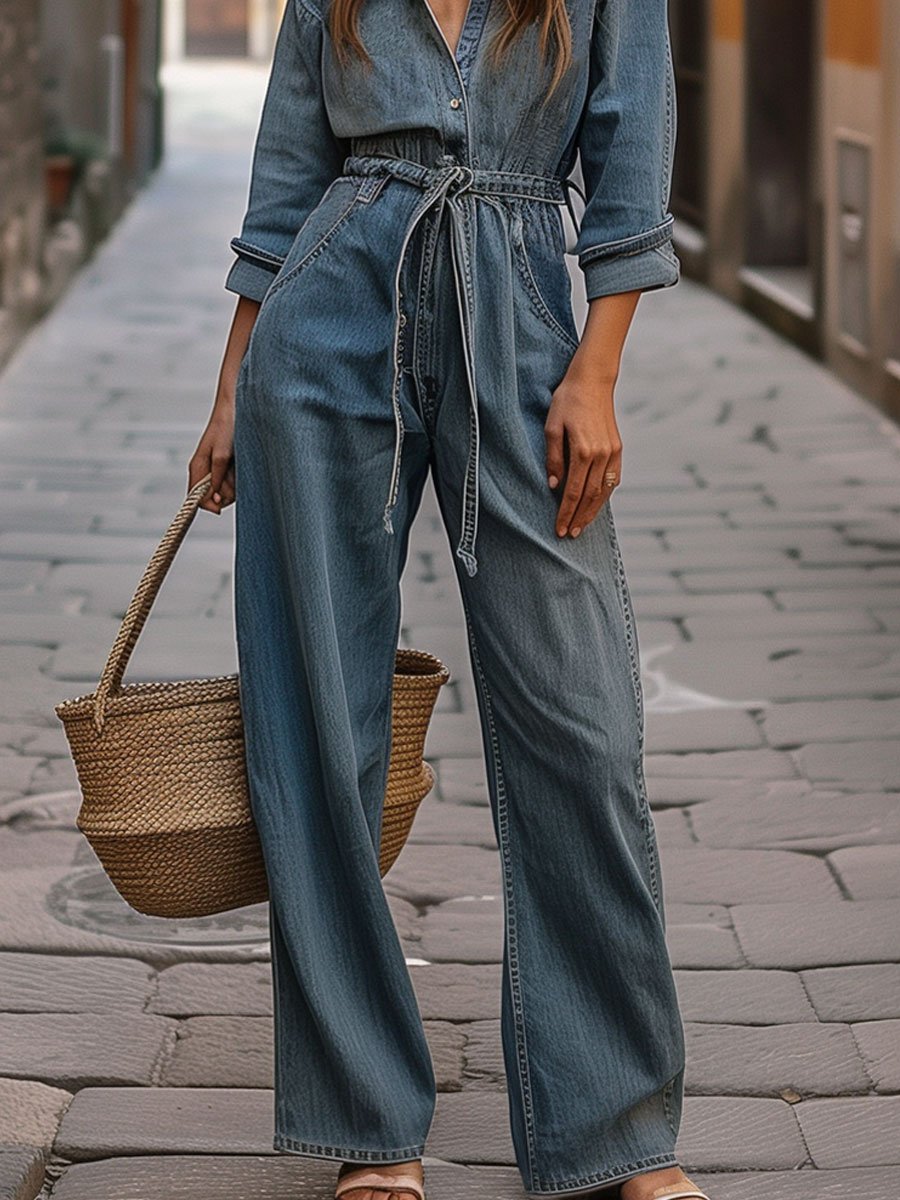 Jumpsuit Dames - Lange Mouwen - Trekkoord in Taille - Wijde Pijpen - Denim-Tijd voor Stijl