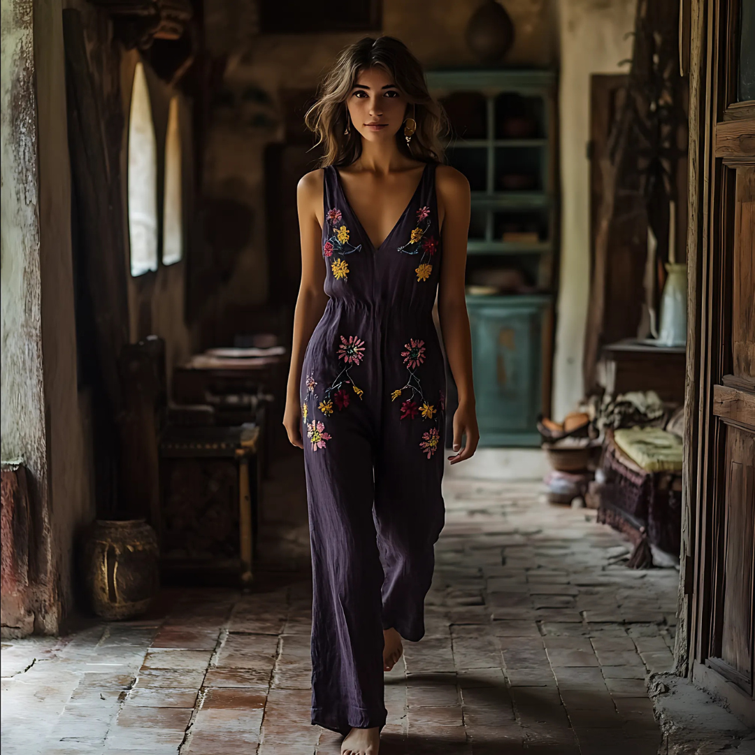 Jumpsuit Dames - Losvallend - Vintage Bloemenprint - Katoen-Linnenmix - Tijd voor Stijl