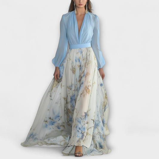 Dames - Maxijurk met Bloemenprint - Transparante Mouwen en V-Hals - Polyester